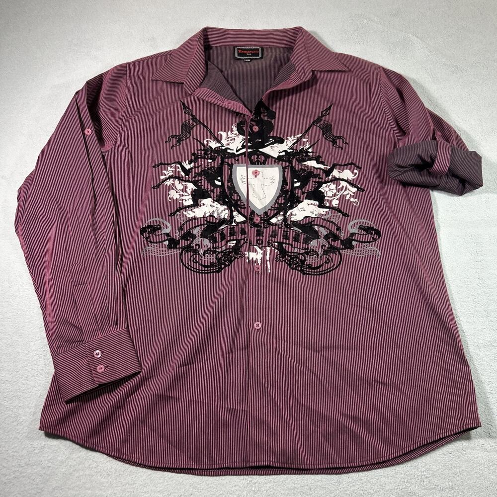Y2k 2000s Affliction Style Striped Shield Cross Wings AOP Button Shirt 2XL VTG